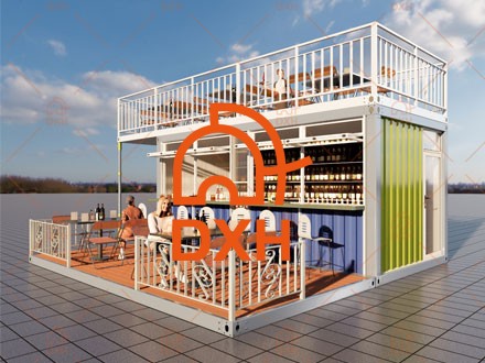 Bar conteneur éphémère à deux étages avec terrasse sur le toit